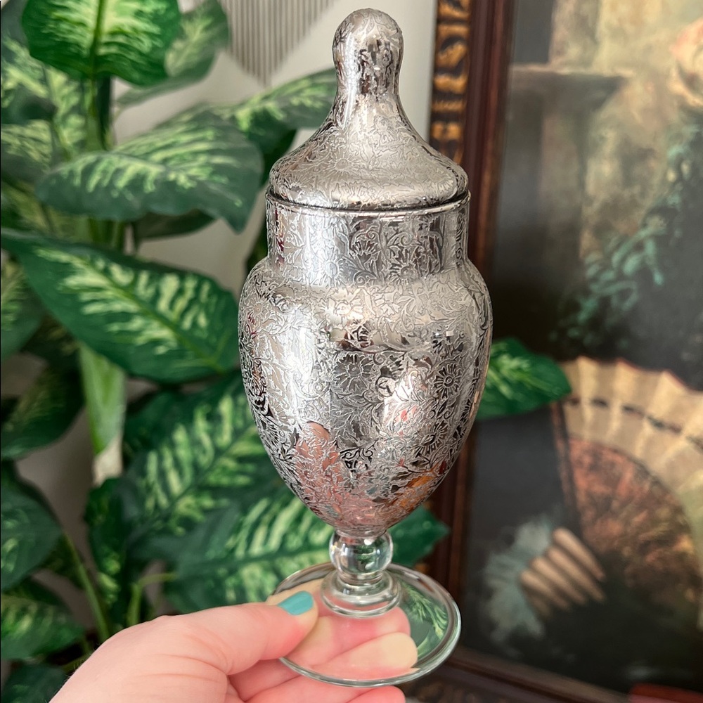 VTG Farmhouse Venetian Mercury Glass Apothecary Jar Cannetille Handmade in Italy